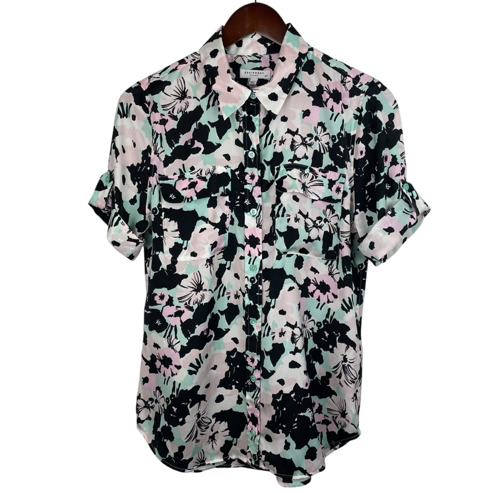 Equipment | Black Pink Aqua Floral Cuffed Short Sleeve Button Top